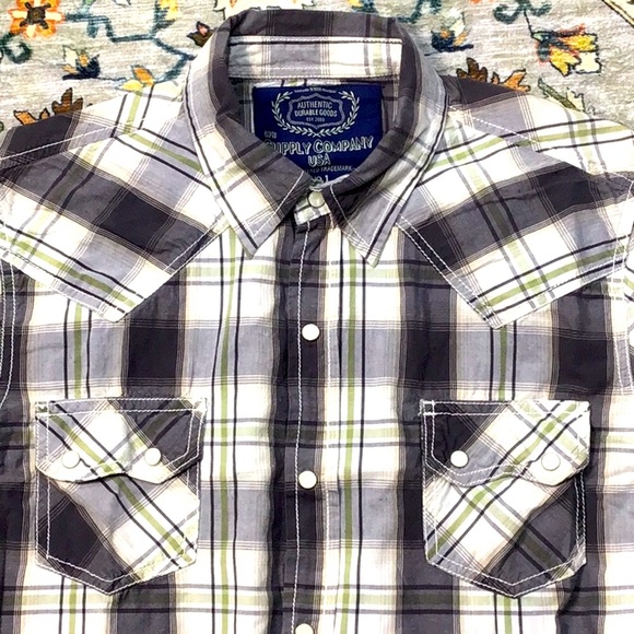 🌵GPH SUPPLY CO White Grey Plaid Western Pearl Snap Roll Tab Long Sleeve - Picture 7 of 7